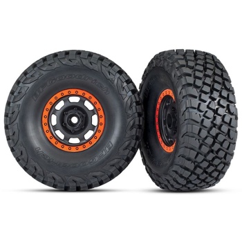 Tires and wheels, assembled, glued (Desert Racer? wheels, black with orange beadlock, BFGoodrich? Baja KR3 tires) (2)