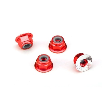 Nuts, aluminum, flanged, serrated (4mm) (red-anodized) (4)