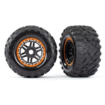 Tires & wheels, assembled, glued (black, orange beadlock style wheels, Maxx? MT tires, foam inserts) (2) (17mm splined) (TSM? rated)