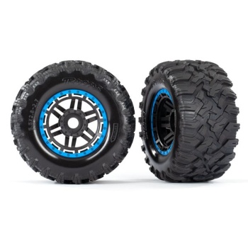 Tires & wheels, assembled, glued (black, blue beadlock style wheels, Maxx? MT tires, foam inserts) (2) (17mm splined) (TSM? rated)