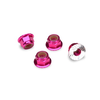 Nuts, aluminum, flanged, serrated (4mm) (pink-anodized) (4)