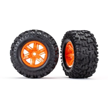 Tires & wheels, assembled, glued (X-Maxx? orange wheels, Maxx? AT tires, foam inserts) (left & right) (2)