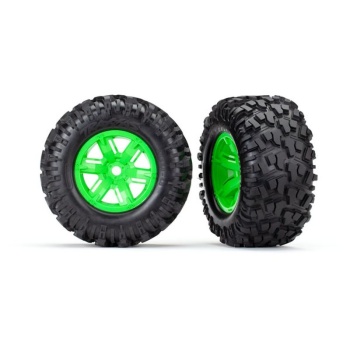 Tires & wheels, assembled, glued (X-Maxx? green wheels, Maxx? AT tires, foam inserts) (left & right) (2)